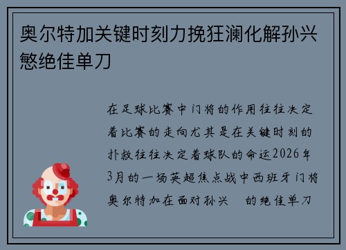 奥尔特加关键时刻力挽狂澜化解孙兴慜绝佳单刀